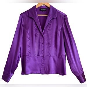 Jones New York 100% Silk Vibrant Preppy Formal Pleated Button Down Blouse Sz 14